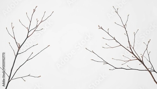 Delicate, bare branches isolated against a pure white backdrop, contrast, photography