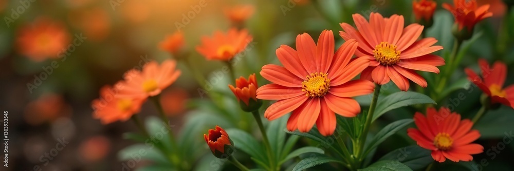 Velvet-smooth asters against rust-colored bark, foliage, orange Velvet-smooth asters against rust-colored bark, foliage, orange