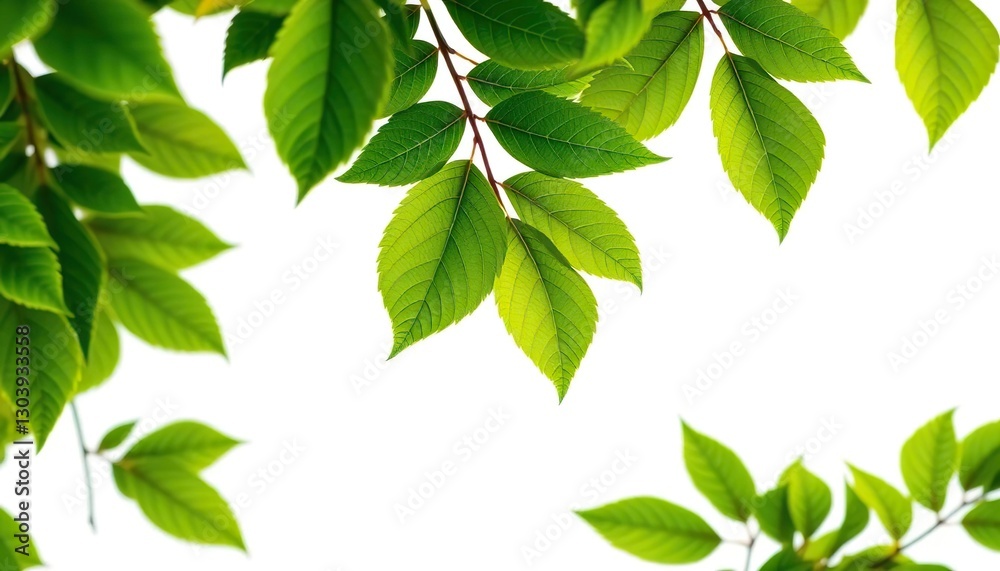 Fototapeta premium Vibrant green leaves, intricate details, crisp white backdrop, twig, closeup