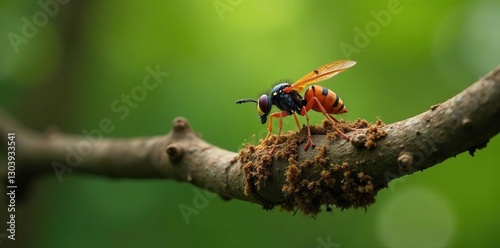 Vespa velutina secondary nest on leafless tree branch with insects, insects, vespa velutina nest