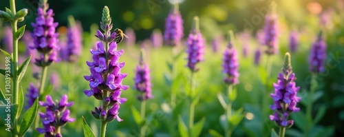 Vines entwined with purple tussock bellflowers, garden, bees collecting nectar