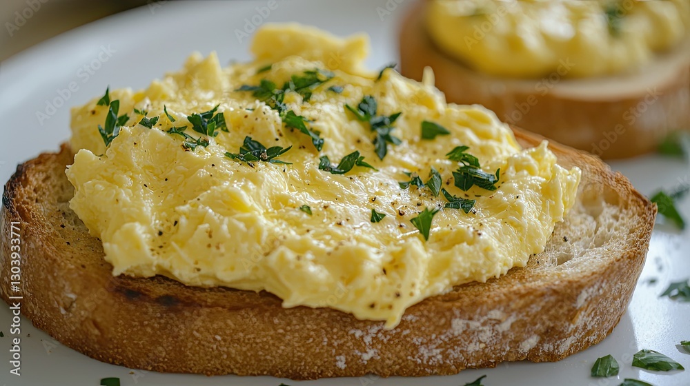 A close-up of a spreadable quark cheese on toast with a few fresh herbs sprinkled on top. A close-up of a spreadable quark cheese on toast with a few fresh herbs sprinkled on top.