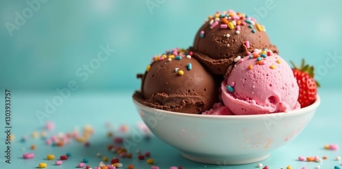 A bowl of strawberry and chocolate ice cream with sprinkles on top, chocolate ice cream, sprinkles, colorful