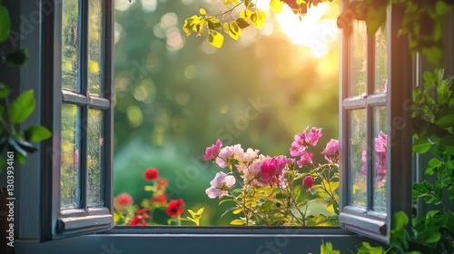 Fototapeta Naklejka Na Ścianę i Meble -  A close-up of an open window frame with flowers outside.