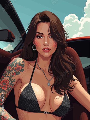 beautiful woman with dark eyes, long brown hair, tattoos cover each arm, holding her hand up in a peace