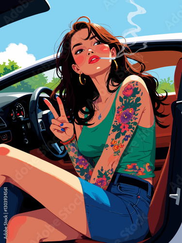 beautiful woman with dark eyes, long brown hair, tattoos cover each arm, holding her hand up in a peace