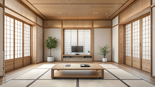 smart home illustration concept Minimalist Japanese zen living room with wooden decor and plants