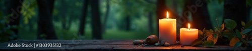 Soft candlelight illuminates a serene forest scene, trees,, wooden furniture