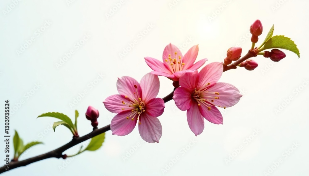 Obraz premium A branch with buds and flowers isolated on white background against a soft warm glow, greenery, ornamental