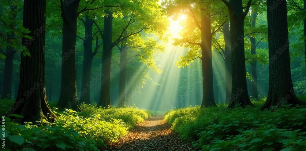 Naklejka premium Dense forest with tall trees and sunlight filtering through, greenery, trees