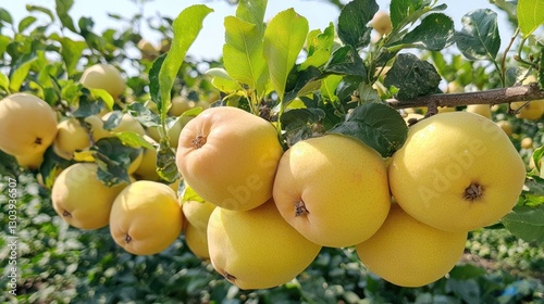 A close-up of ripe quinces hanging from a quince tree in a sunny orchard.