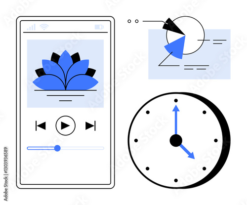 Mobile app screen displays lotus icon with audio controls below. Adjacent are geometric chart and analog clock. Ideal for wellness, mindfulness, analytics, routine, time management, productivity