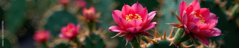 Velvety rose-colored flowers on a cactus stem, foliage, flower Velvety rose-colored flowers on a cactus stem, foliage, flower