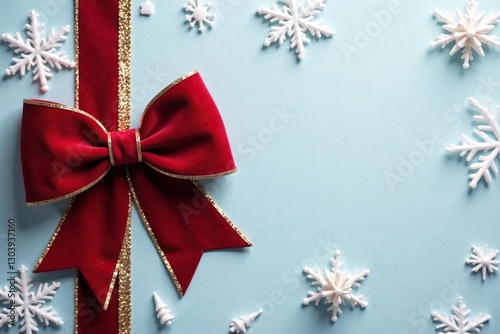 Velvet bow with golden accents against a snowy backdrop, snowflake, ornamental detail, festive decoration