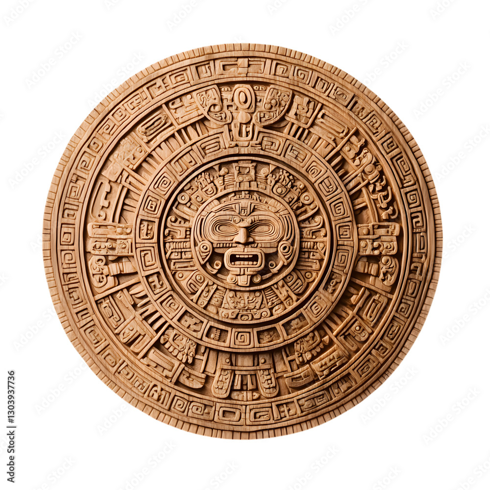 Fototapeta premium intricate circular Aztec calendar carving with detailed design, isolated on transparent background for cultural and historical artwork projects 