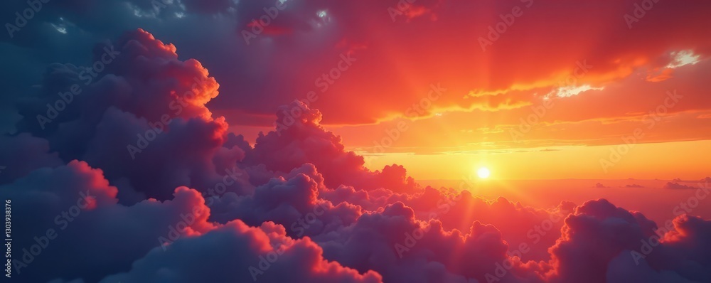 Fototapeta premium Fiery sunset, vibrant cloudscape, dramatic light, atmosphere, beautiful, dramatic