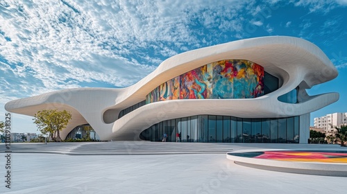 A futuristic architectural masterpiece with flowing curves and vibrant colors, set against a bright sky and landscaped surroundings.