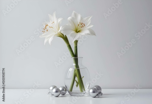 White Amaryllis flowers In Glass Vase With Silver Ornaments On Minimalist Background