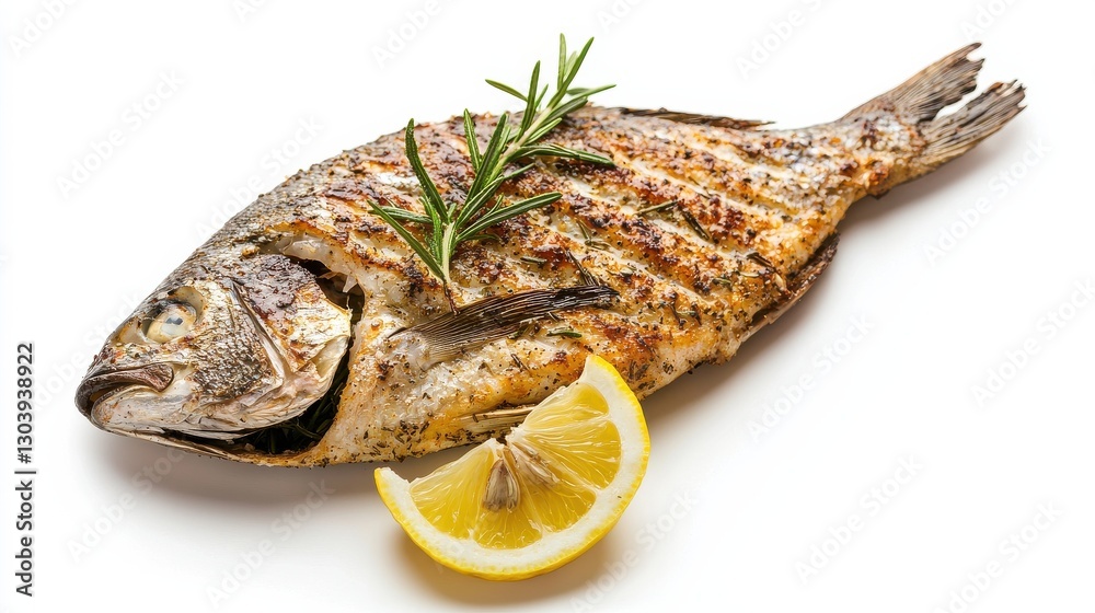 Grilled fish garnished with rosemary and lemon slice, showcasing a delicious seafood dish perfect for any meal. Grilled fish garnished with rosemary and lemon slice, showcasing a delicious seafood dish perfect for any meal.