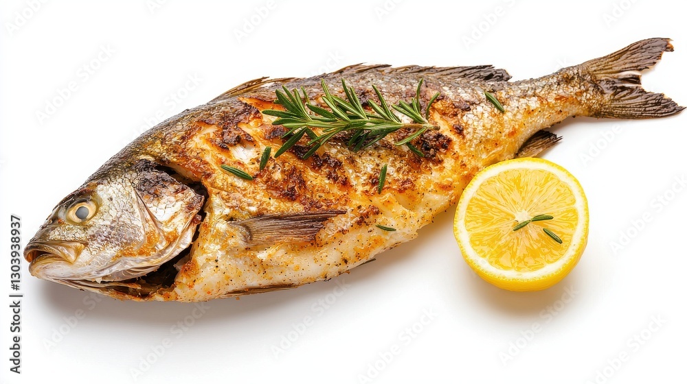 Grilled fish garnished with herbs and served with a slice of lemon, showcasing a delicious and healthy meal option. Grilled fish garnished with herbs and served with a slice of lemon, showcasing a delicious and healthy meal option.