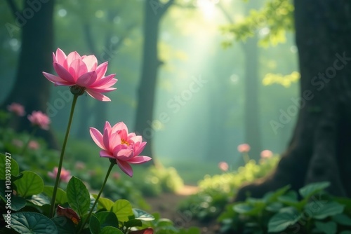soft focus captures ethereal flowers suspended in misty forest atmosphere, flower arrangement, flowers