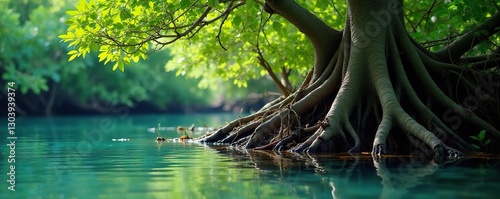 Tangled roots of mangrove tree above water surface, ecosystem, nature, foliage