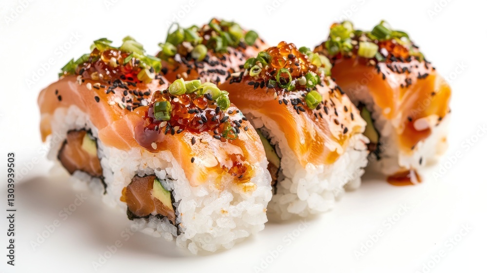 A delicious sushi roll topped with salmon, spicy sauce, and green onions, presented beautifully on a white plate. A delicious sushi roll topped with salmon, spicy sauce, and green onions, presented beautifully on a white plate.