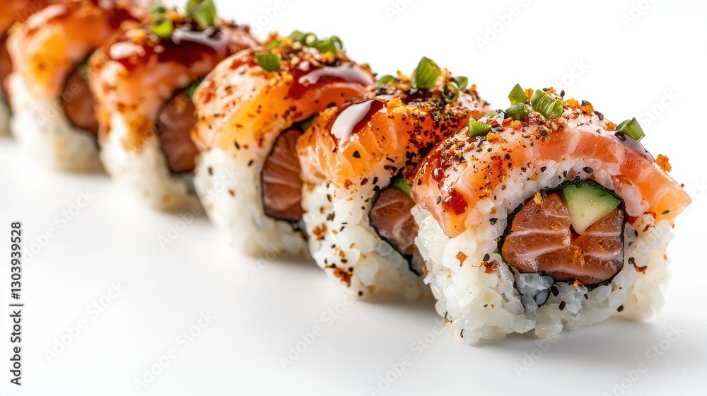 A vibrant sushi roll featuring salmon, avocado, and a drizzle of sauce, beautifully arranged on a white plate. A vibrant sushi roll featuring salmon, avocado, and a drizzle of sauce, beautifully arranged on a white plate.