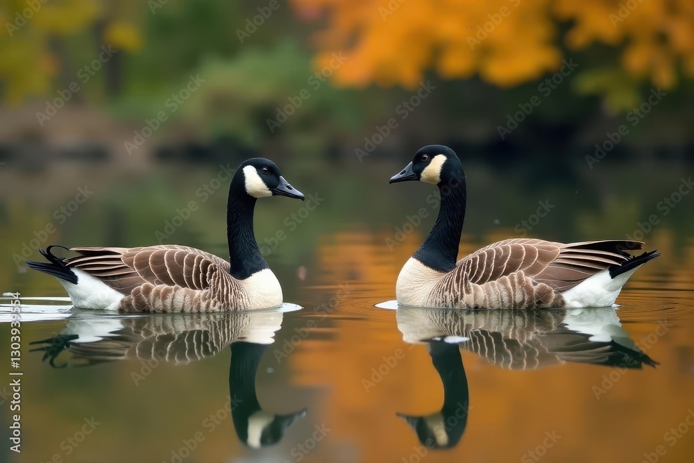 Canada geese in V-formation, autumn pond reflection, flock, wilderness Canada geese in V-formation, autumn pond reflection, flock, wilderness