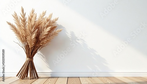 A bundle of branches leaning against the wall, wooden, white background, bundled