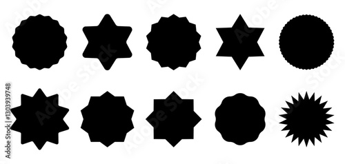 Circle sticker set. Wavy edge promo black badges. Star burst shape tags for price. Starburst speech bubbles. Starburst, black price sticker sunburst icons. Black Sunburst. Flat vintage price tag stick