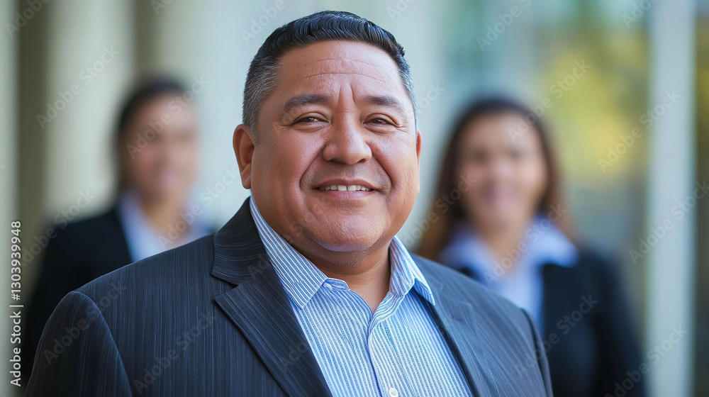 Overweight Latino businessman with blurred female coworkers in the background