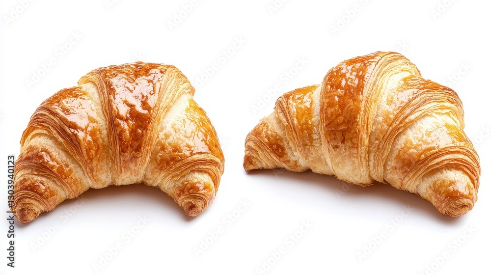 Two golden-brown croissants with flaky layers, showcasing their buttery texture and delicious appeal. Two golden-brown croissants with flaky layers, showcasing their buttery texture and delicious appeal.