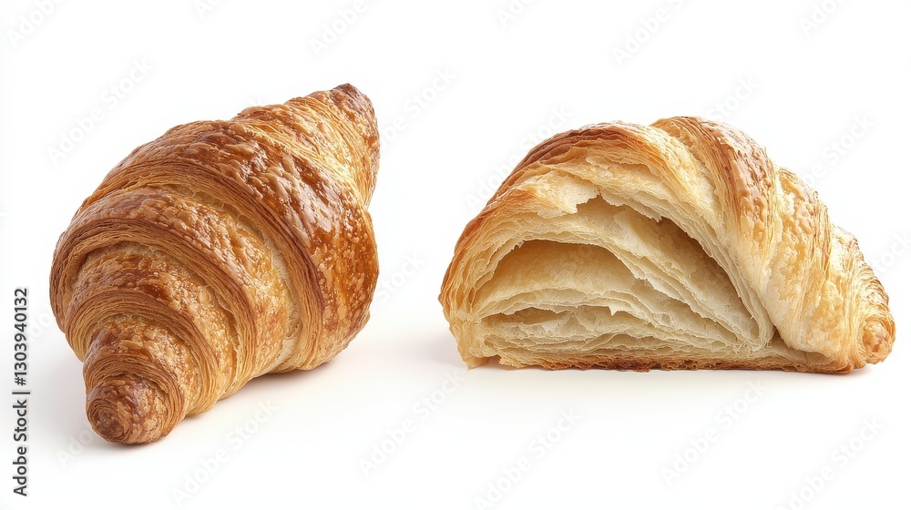 A golden-brown croissant with flaky layers, one whole and one cut in half, revealing its airy, soft interior. A golden-brown croissant with flaky layers, one whole and one cut in half, revealing its airy, soft interior.