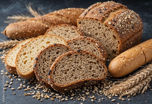 Rustic Bread Display. Assorted Loaves Showcase Textures And Colors. Whole Grain And Baguette Highlighted. Natural Light Creates Depth. Perfect For Culinary Projects. Delicious Food.