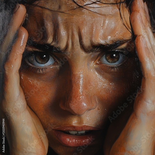 A close-up portrait of a distressed individual, conveying deep emotion through expressive eyes and a furrowed brow, with a glistening, wet appearance.