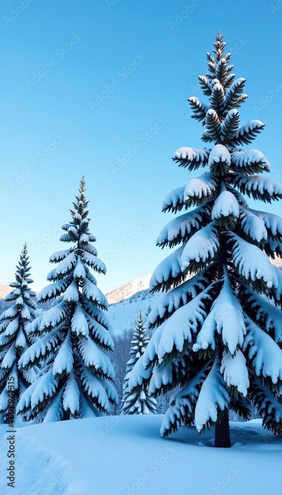 Obraz premium Snow-covered pine trees against a clear blue sky, natural, clear blue