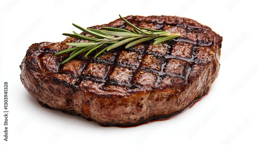 A beautifully grilled steak garnished with fresh rosemary, showcasing perfect grill marks and rich, savory colors. A beautifully grilled steak garnished with fresh rosemary, showcasing perfect grill marks and rich, savory colors.