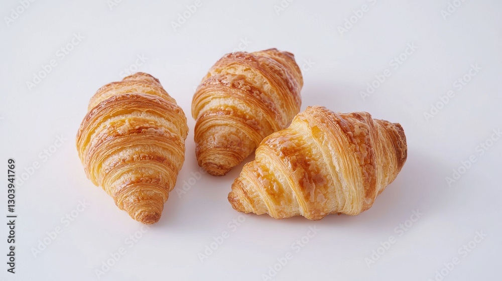 Three golden, flaky croissants arranged neatly against a white background, showcasing their buttery texture and spiral layers. Three golden, flaky croissants arranged neatly against a white background, showcasing their buttery texture and spiral layers.