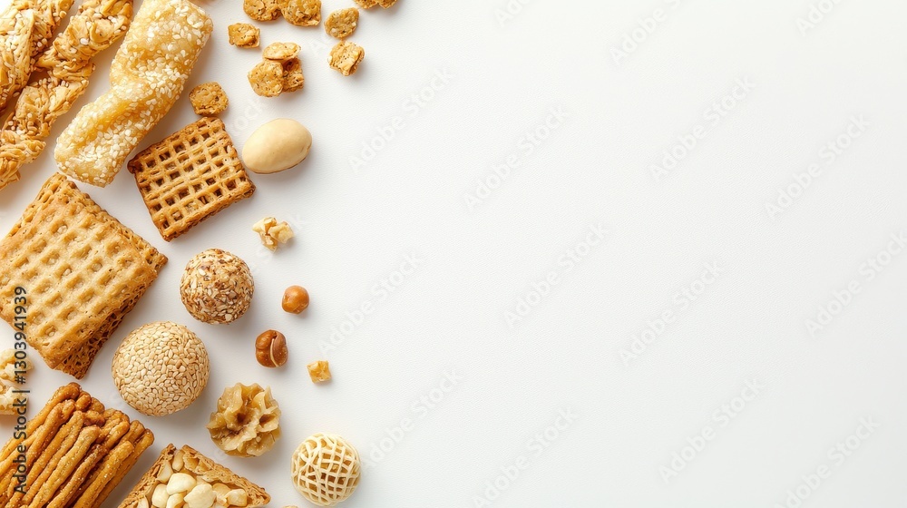 A collection of assorted crispy snacks arranged on a light background, featuring various shapes and textures, ideal for sharing or snacking. A collection of assorted crispy snacks arranged on a light background, featuring various shapes and textures, ideal for sharing or snacking.