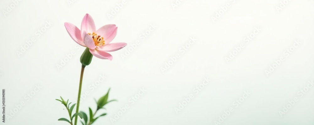 A delicate flower blooms in solitude on a clean white background, greenery, botanical, isolated A delicate flower blooms in solitude on a clean white background, greenery, botanical, isolated