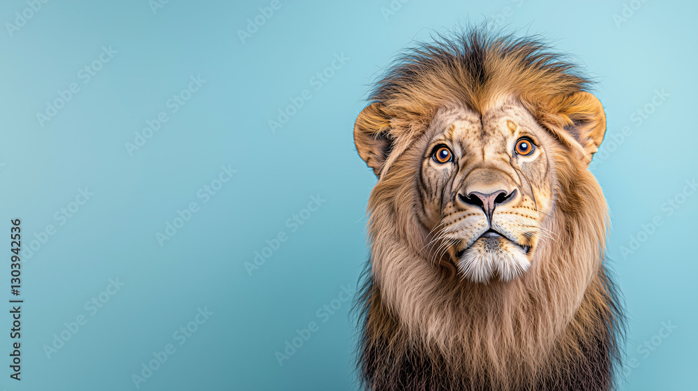Majestic Lion Portrait: A regal lion, with a golden mane and focused gaze, stands centered against a turquoise backdrop, evoking power and serenity. Majestic Lion Portrait: A regal lion, with a golden mane and focused gaze, stands centered against a turquoise backdrop, evoking power and serenity.