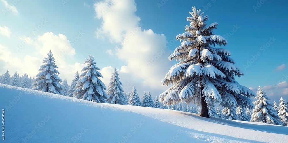 Obraz premium Snow-covered tree branches stretching towards sky, tree, conifer