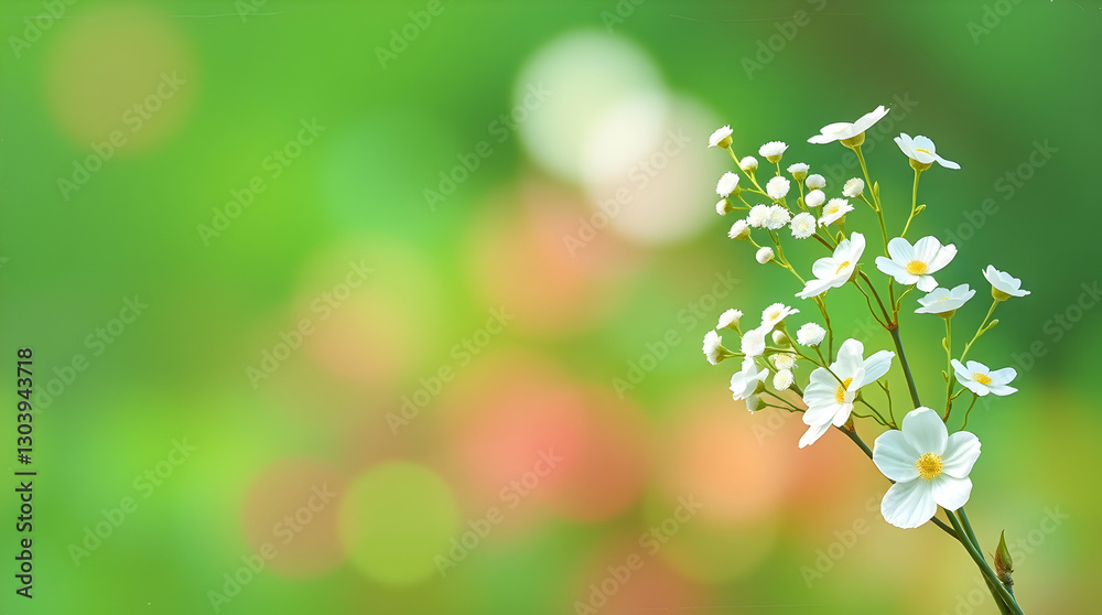A close-up of delicate white flowers on a stem, set against a soft, blurred green and pastel background. A close-up of delicate white flowers on a stem, set against a soft, blurred green and pastel background.