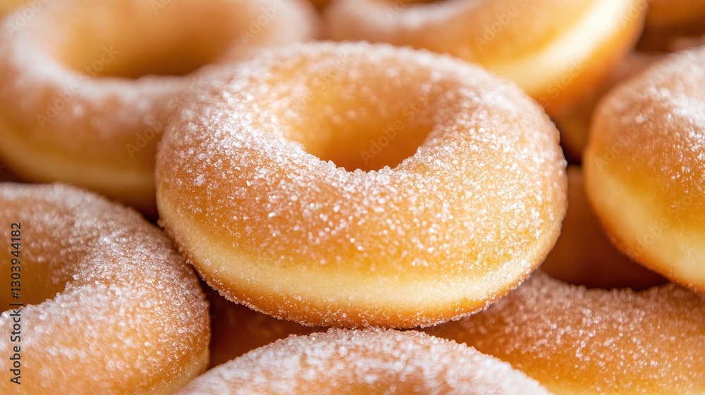 Freshly made, sugary donuts stacked together, showcasing a golden-brown color and inviting texture.
