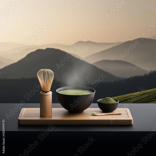 A wooden tray with a tea set on it, including a tea bowl, a tea whisk