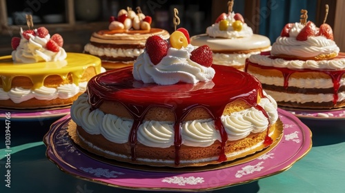 Many cakes are placed on the table next to each other, each cake has a different color and different decoration. photo