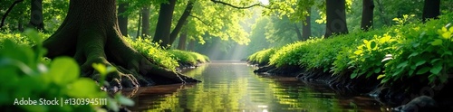 Lush vegetation growing from tree roots in the river, England, Surrey, willows