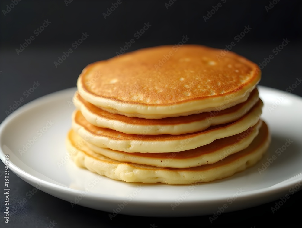Stack of golden pancakes presented on white porcelain plate on dark surface, with copy space Stack of golden pancakes presented on white porcelain plate on dark surface, with copy space