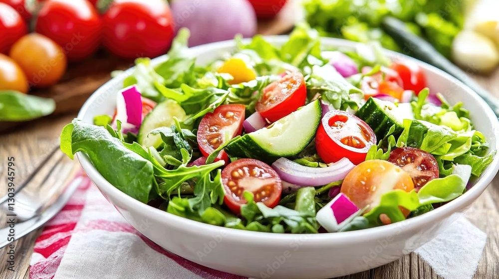 Fresh vegetables cascading into a salad bowl, embodying simplicity and health. Fresh vegetables cascading into a salad bowl, embodying simplicity and health.